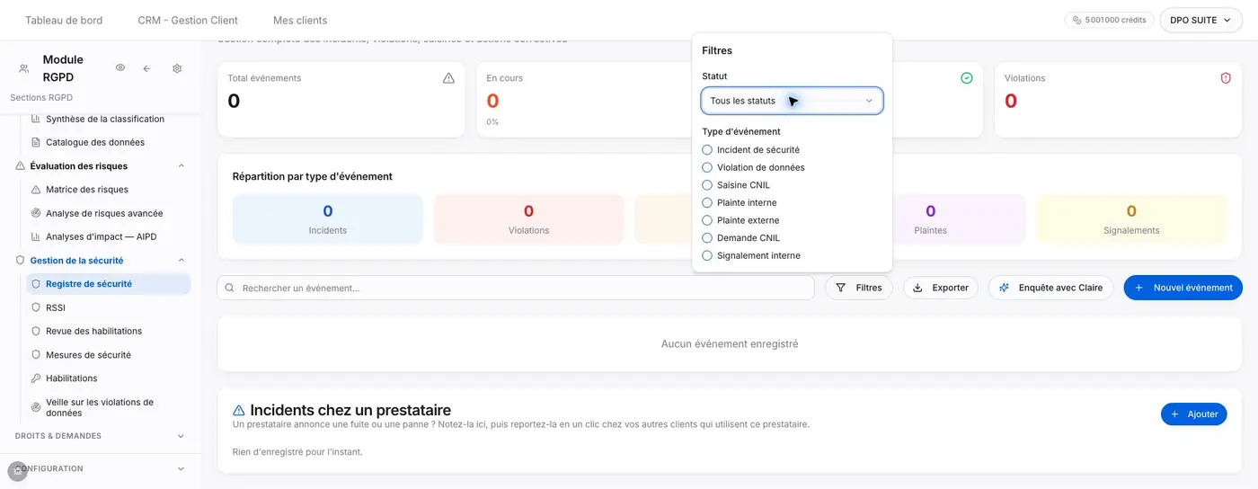 Panneau Filtres : critère de statut et sept types d’événement.
