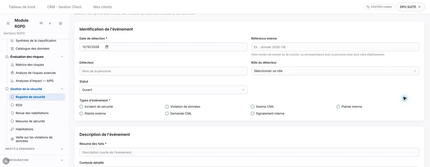 Détail du formulaire : date de détection, détecteur et statut initial.
