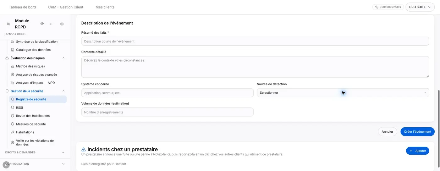 Description de l’événement : résumé, contexte, système et volume estimé.