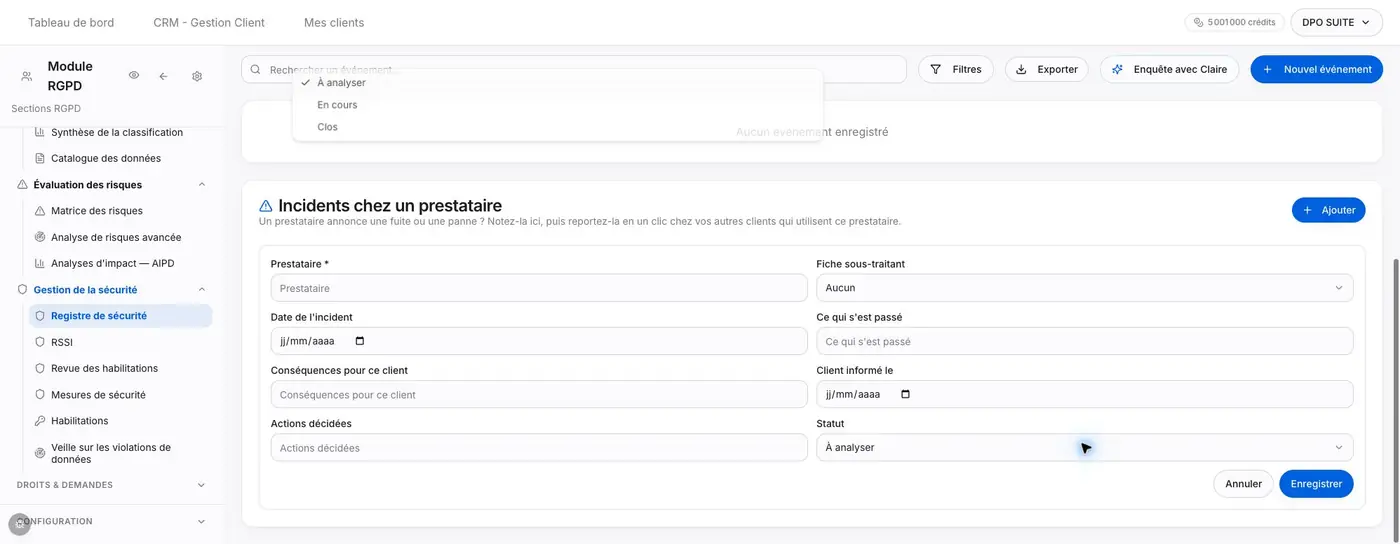 Incident chez un prestataire : identification, date, conséquences et actions.