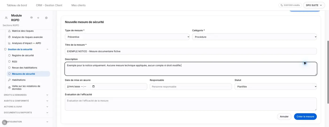 Détail du formulaire de mesure avant l’essai : type, titre et description fictive. Les autres champs sont décrits dans le tableau.