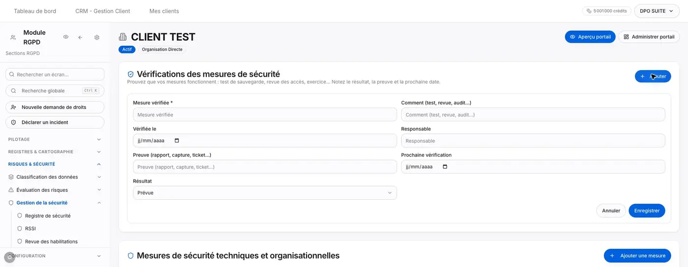 Partie gauche du formulaire de vérification : mesure, date, preuve et résultat. Les champs de droite sont détaillés dans le tableau.