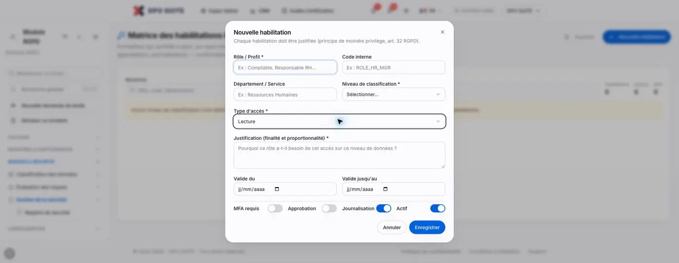 Formulaire Nouvelle habilitation observé sans saisie. Journalisation et Actif sont activés à l’ouverture ; cela ne prouve aucun accès effectif.