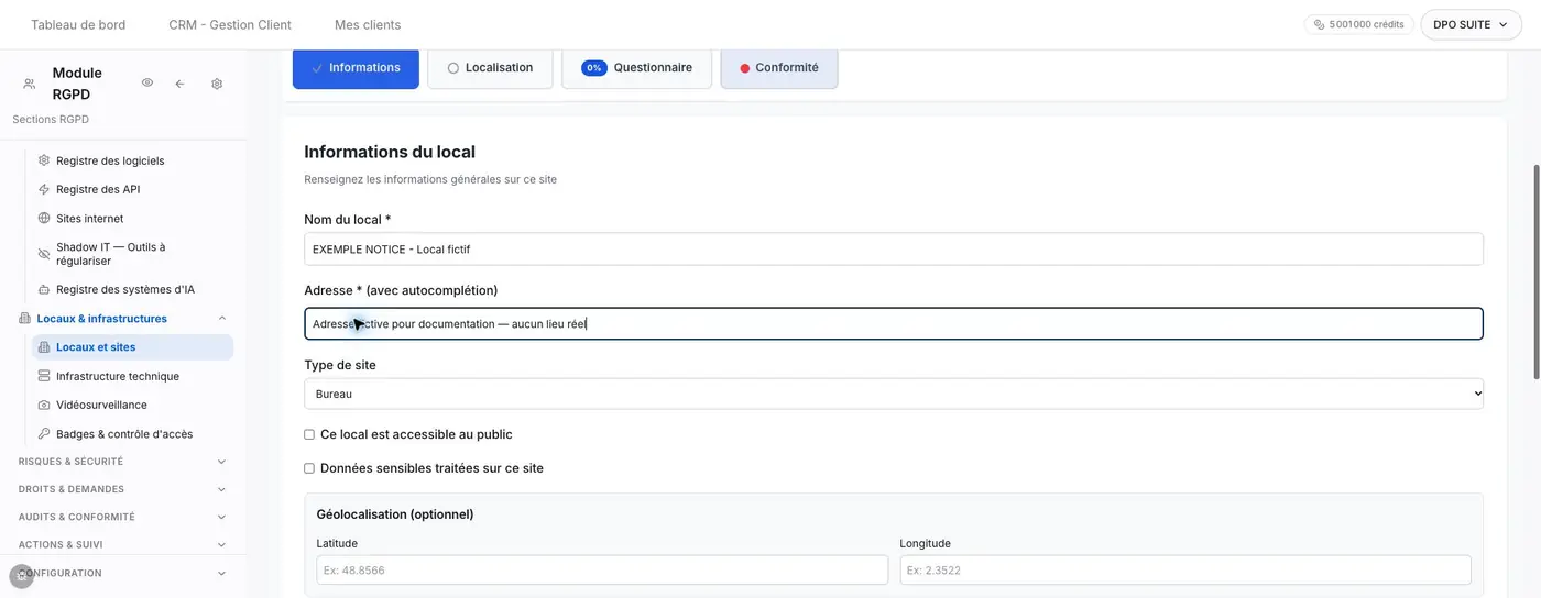 Informations du local avant le premier enregistrement : nom, adresse manuelle, type Bureau et cases public et données sensibles. Les coordonnées et les champs situés plus bas sont décrits dans le texte.