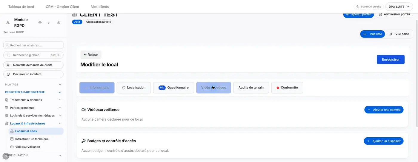 Onglet Vidéo et badges d’un local enregistré. Les deux listes sont vides et les commandes d’ajout sont visibles.
