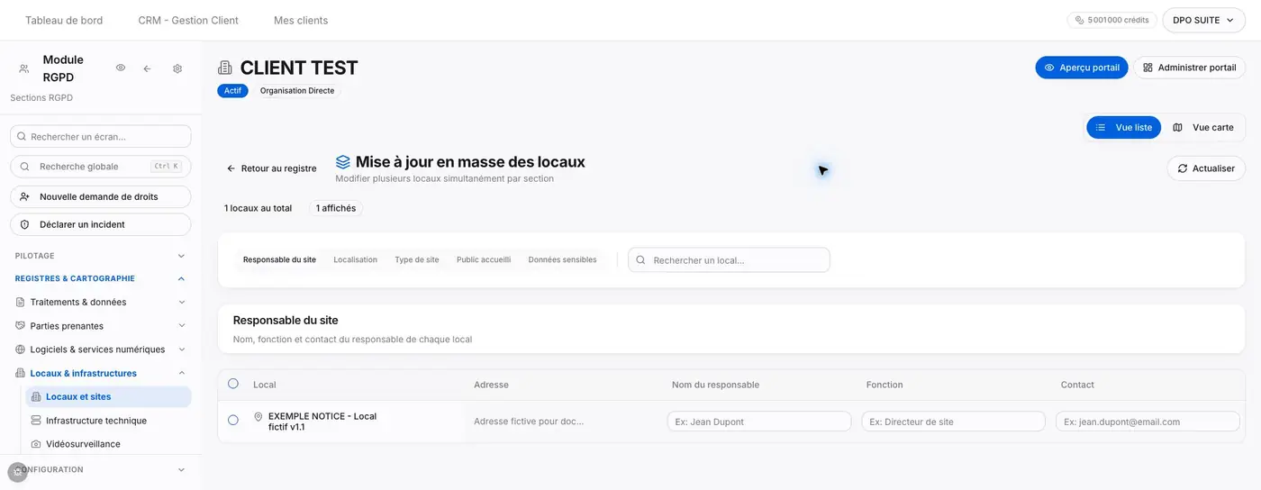 Mise à jour en masse, section Responsable du site : sections disponibles, recherche, cases de sélection et champs de chaque ligne. Aucune modification en masse n’a été enregistrée pendant le test.