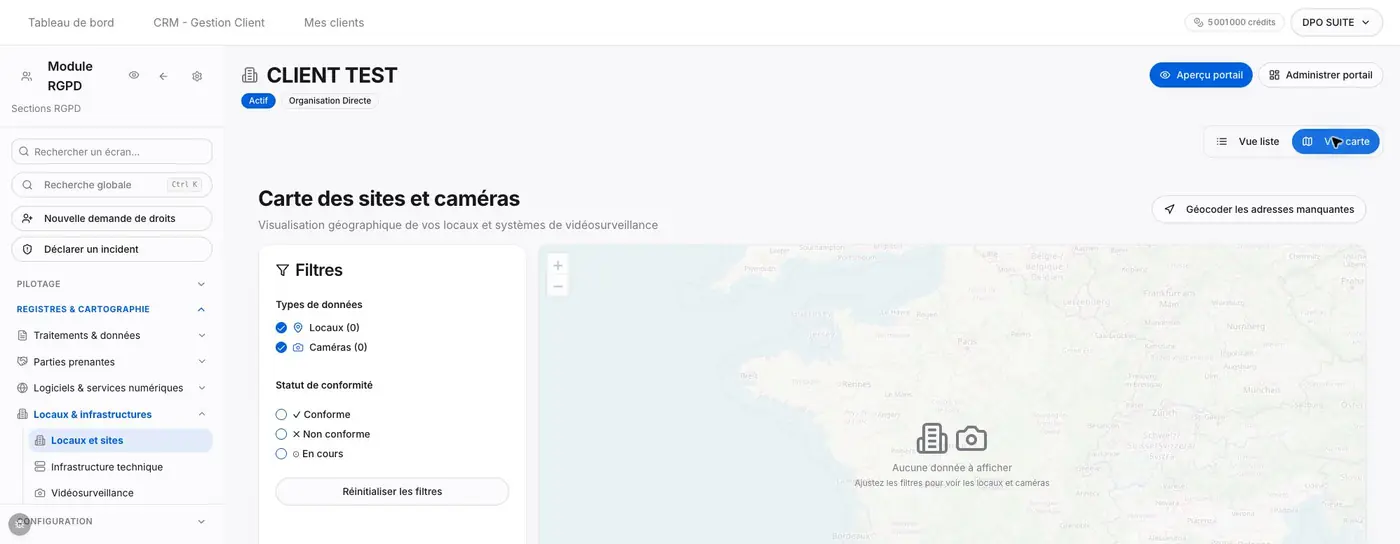 Filtres de la vue carte : types de données Locaux et Caméras, statuts Conforme, Non conforme et En cours, puis Réinitialiser les filtres. Les compteurs à zéro ne prouvent pas que le registre est vide.