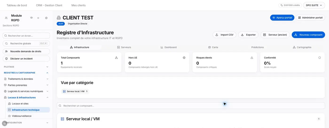 Vue Infrastructure après rechargement : un composant est recensé dans la catégorie Serveur local / VM. Le tableau de détail se poursuit plus bas dans la page.