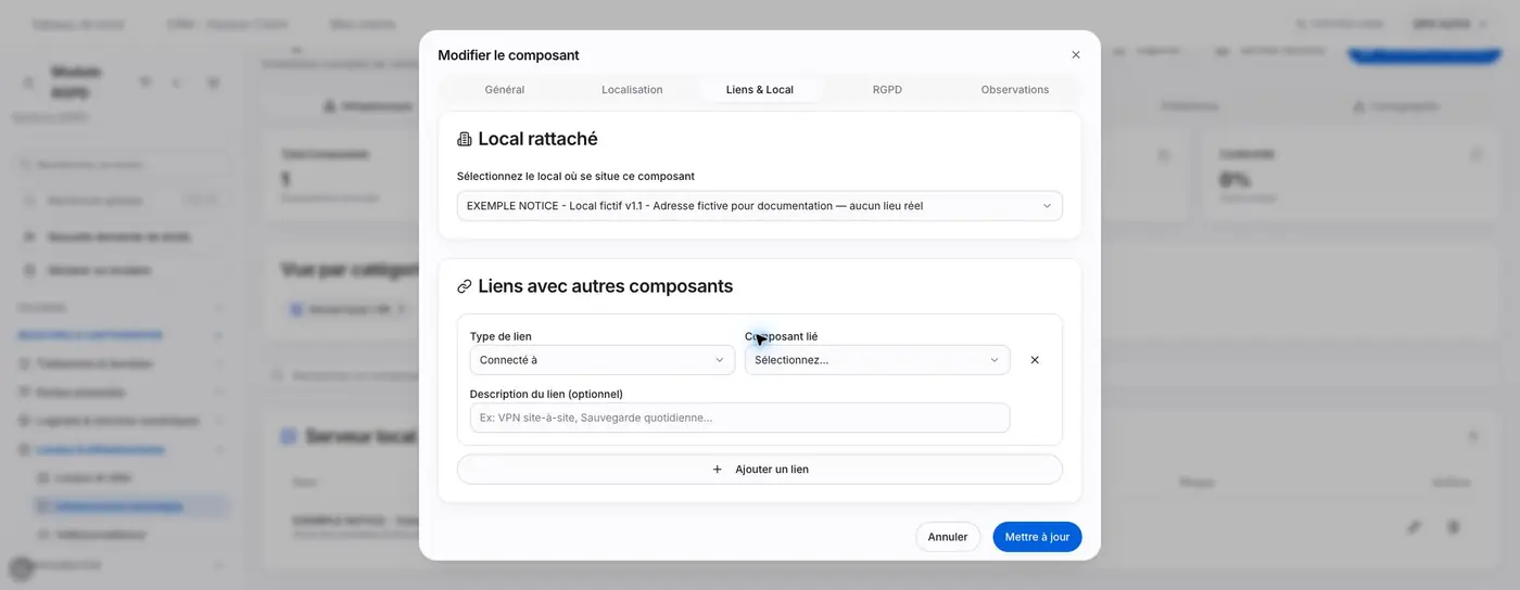 Liens & Local en édition : local fictif sélectionné et ligne de lien à compléter. Aucun lien n’est encore sauvegardé dans cet exemple.