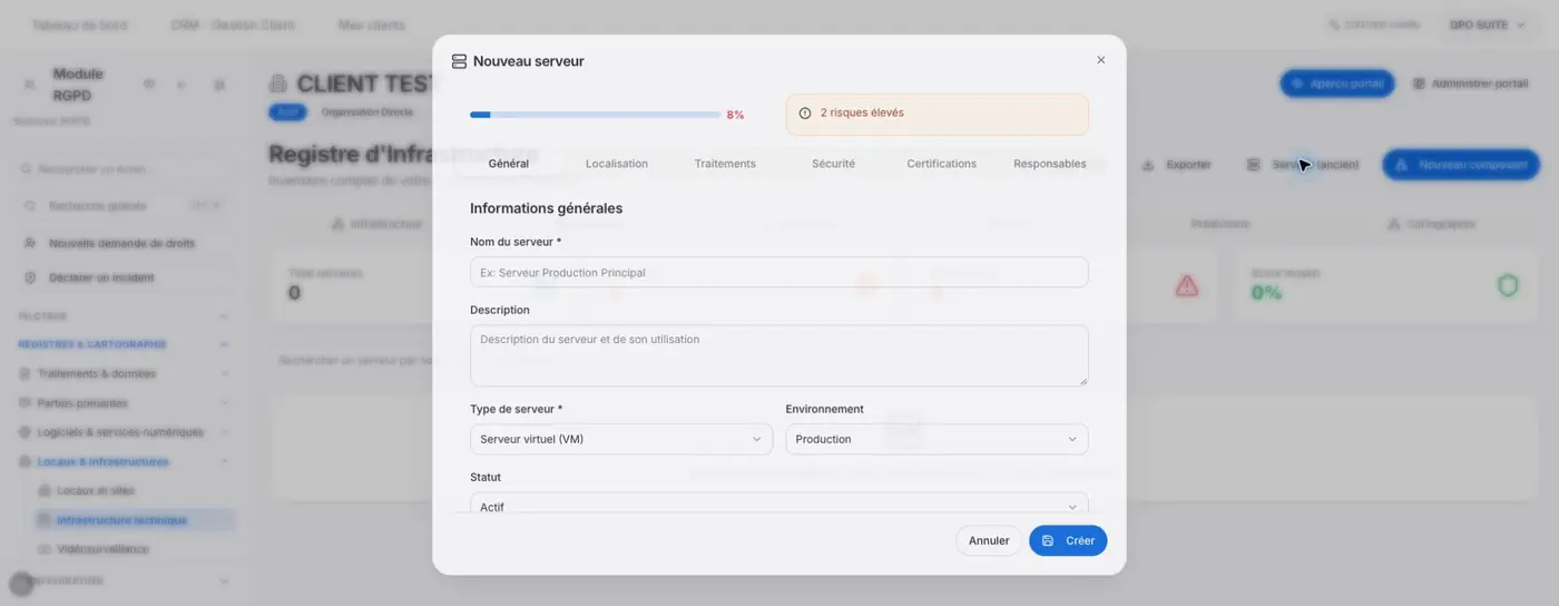 Nouveau serveur ouvert depuis Serveur (ancien) : six onglets distincts du formulaire de composant. Le score et les risques affichés ne proviennent pas d’un test de sécurité du serveur.