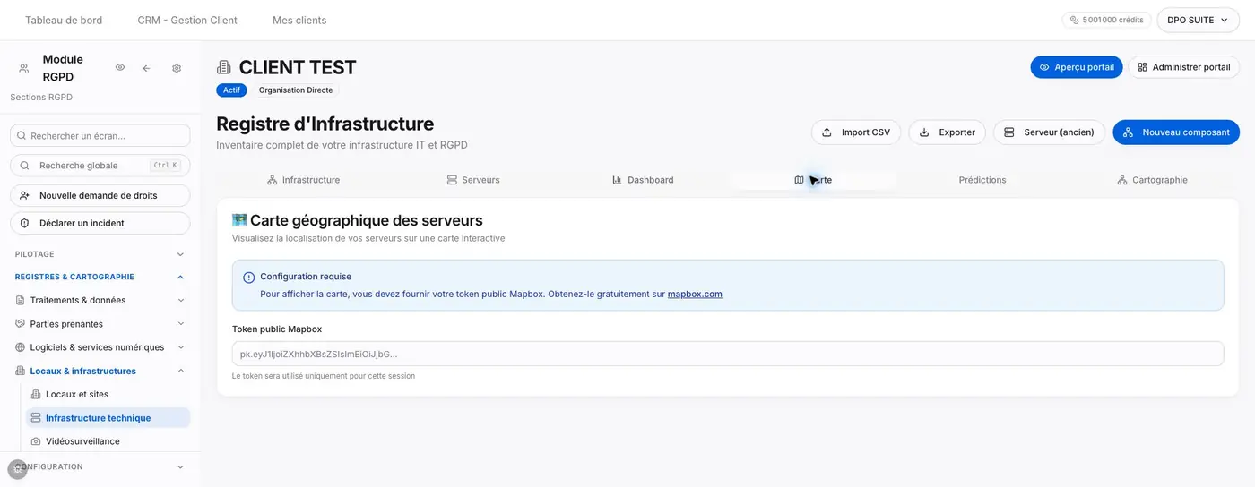 Carte : la configuration Mapbox est requise. Le champ est vide et son texte grisé est un exemple de format ; aucun token n’a été renseigné.