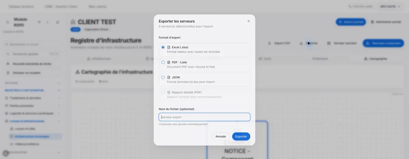Exporter les serveurs : trois formats actifs, rapport détaillé désactivé et zéro serveur sélectionné. Aucun export n’a été lancé.