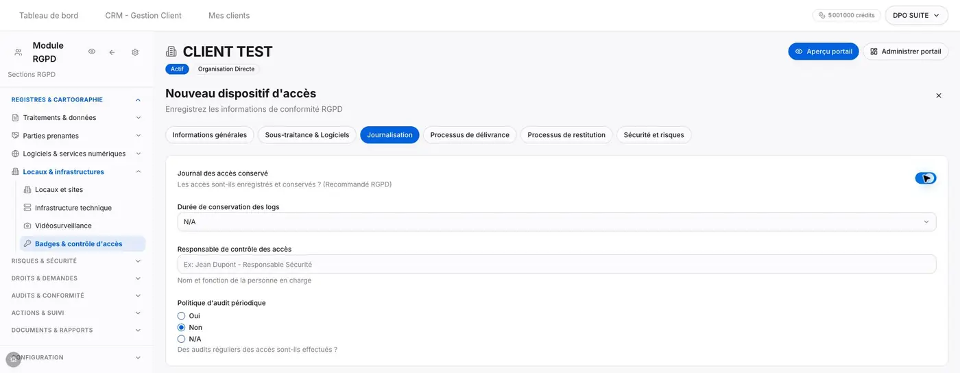 Partie gauche du formulaire. Journalisation : le champ de durée apparaît lorsque Journal des accès conservé est activé dans le formulaire.