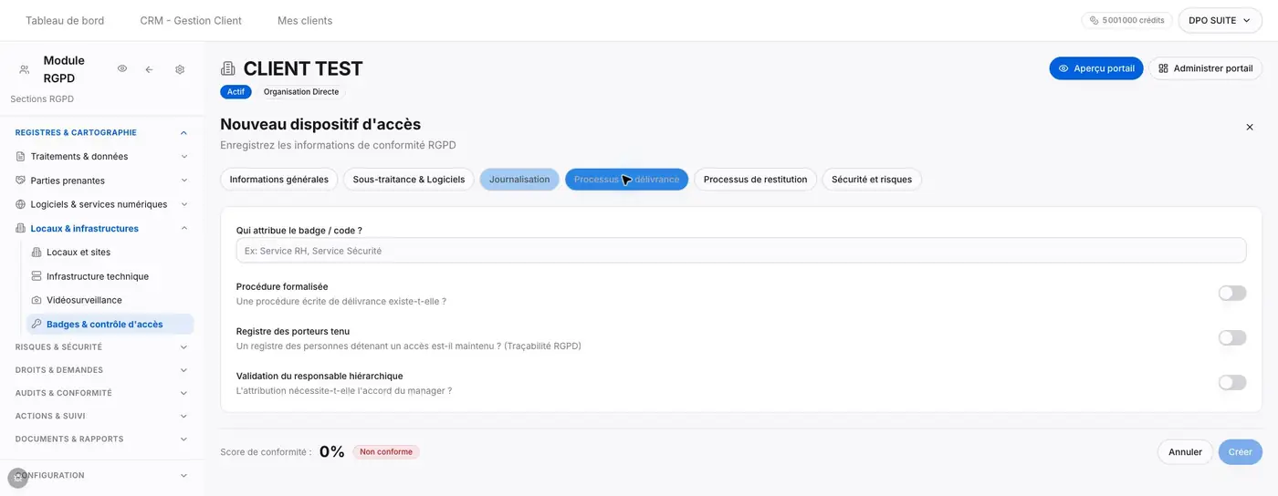 Partie gauche du formulaire. Processus de délivrance : responsable, procédure, registre des porteurs et validation.