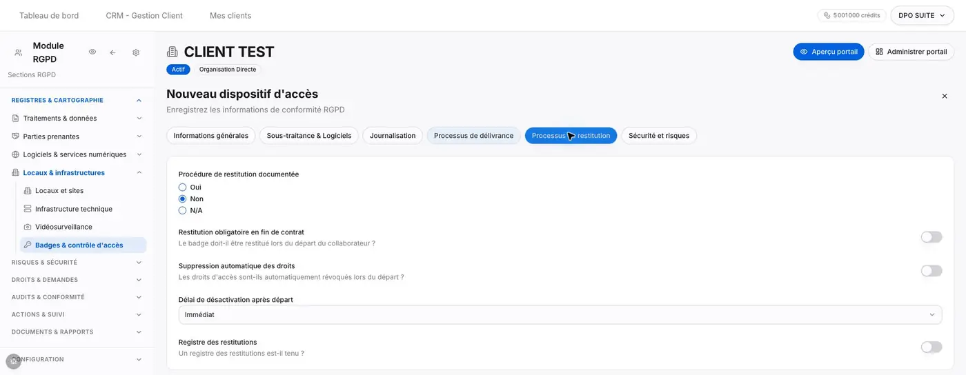 Partie gauche du formulaire. Processus de restitution : déclarations relatives au départ et au suivi des accès.