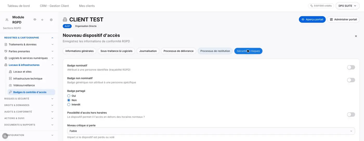 Partie gauche du formulaire. Sécurité et risques : caractère nominatif, partage, horaires et criticité.