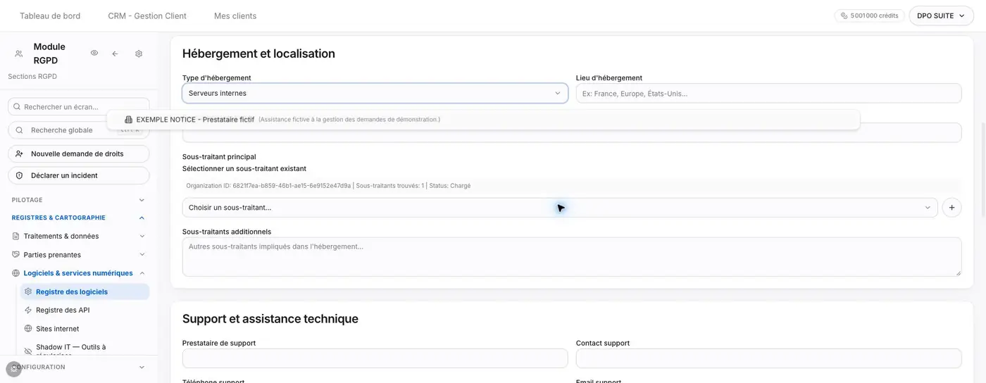 Le choix d’un sous-traitant existant et le champ Sous-traitants additionnels.