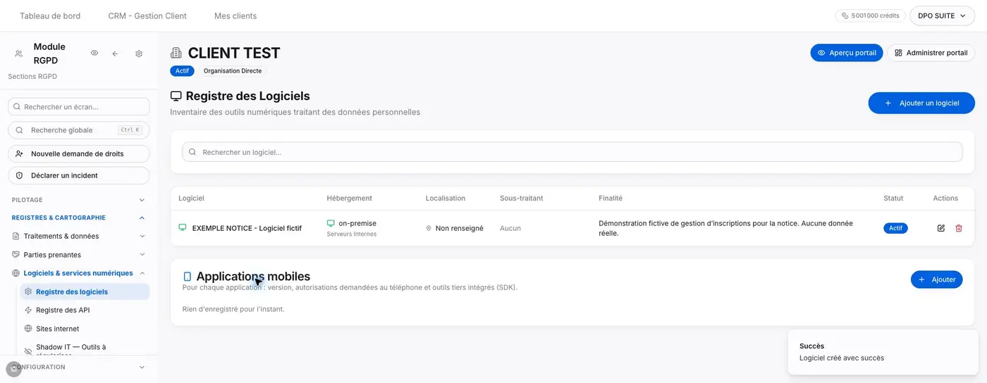 Confirmation affichée après la création du logiciel fictif.