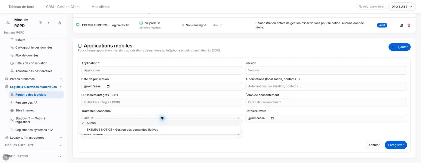 Liste Traitement concerné dans le dossier de démonstration.
