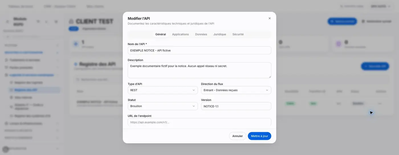 Fiche API fictive rouverte après rechargement, avec la version NOTICE-1.1.