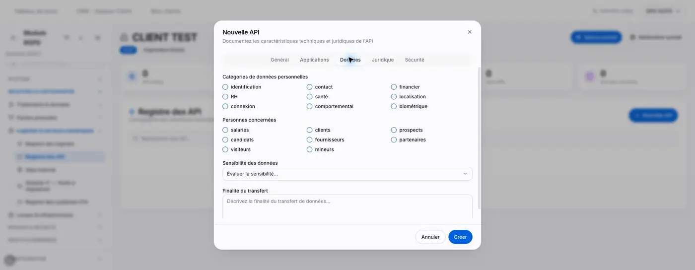 Catégories de données, personnes concernées et sensibilité dans Données.