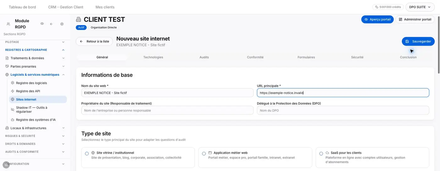 Nom du site et propriétaire dans les Informations de base.
