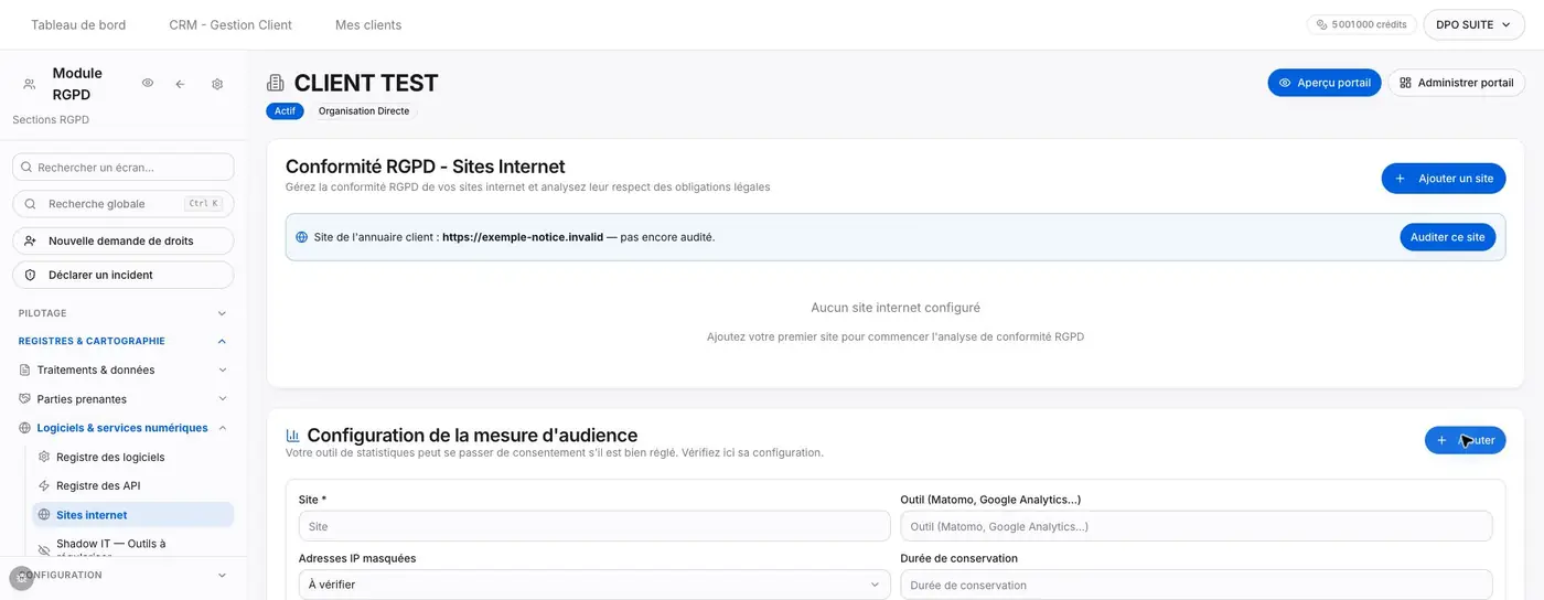Site et Adresses IP masquées au début du formulaire de mesure d’audience.