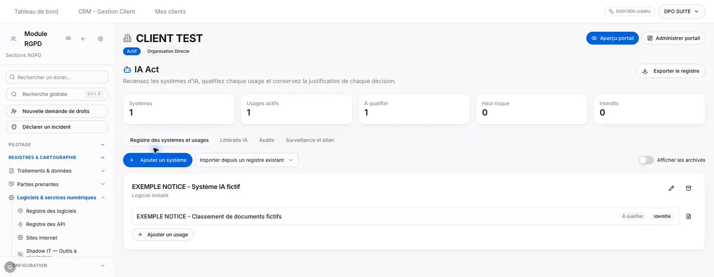 Onglets du module, ajout d’un système et carte du système fictif avec son usage.