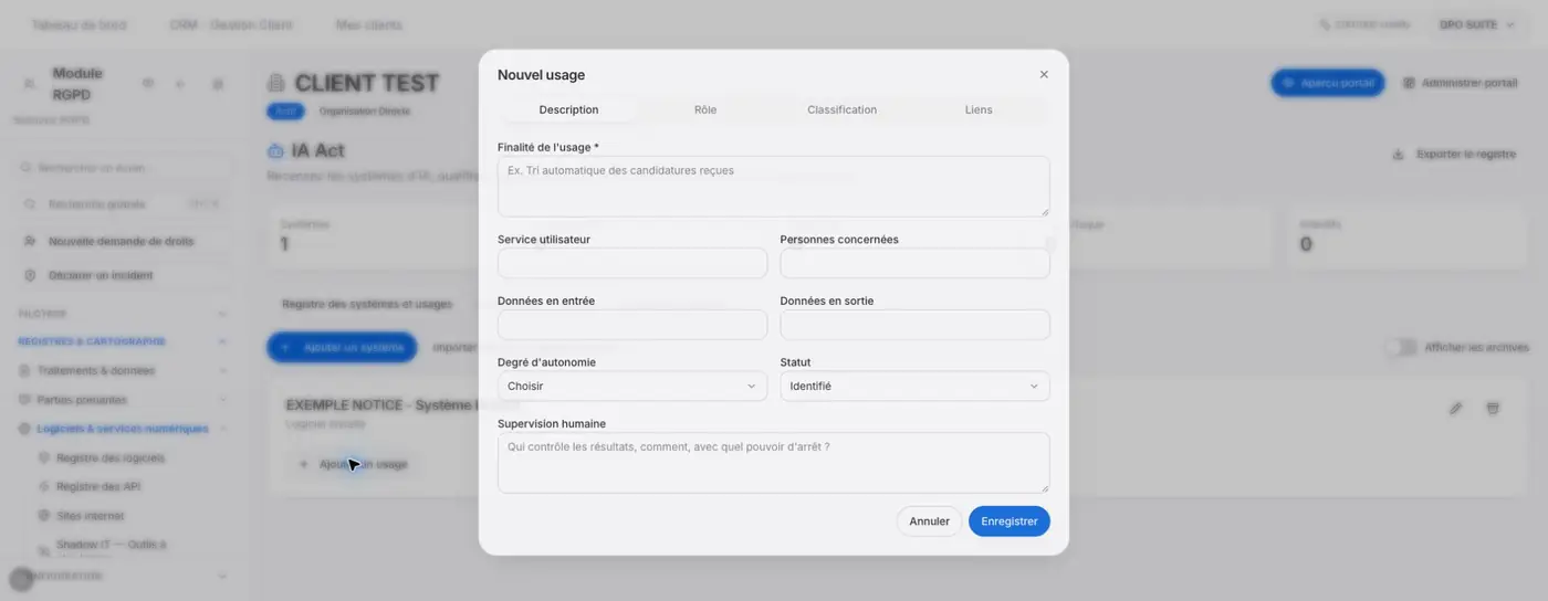 Description d’un nouvel usage : données, autonomie, statut et supervision humaine.