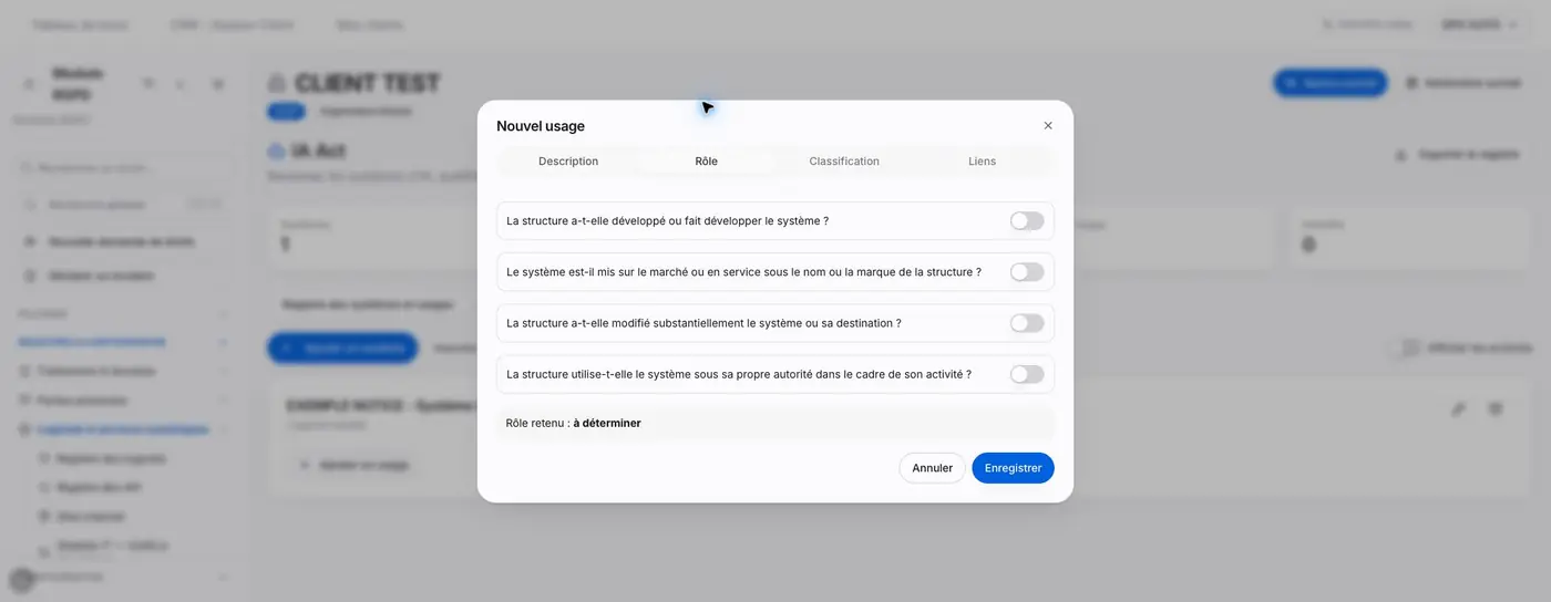 Les quatre questions du rôle ; tous les interrupteurs sont désactivés dans cet exemple.