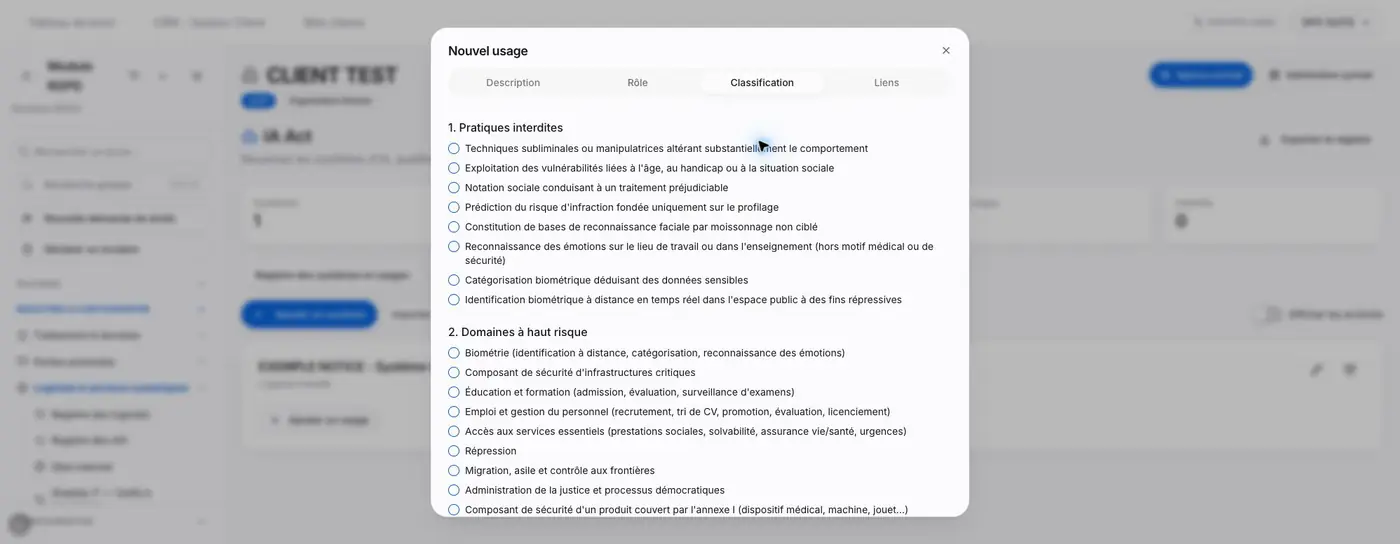 Début du groupe Pratiques interdites dans l’onglet Classification.