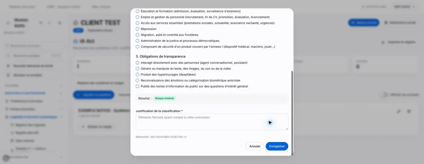 Résultat affiché avant enregistrement, justification obligatoire et référence du formulaire.