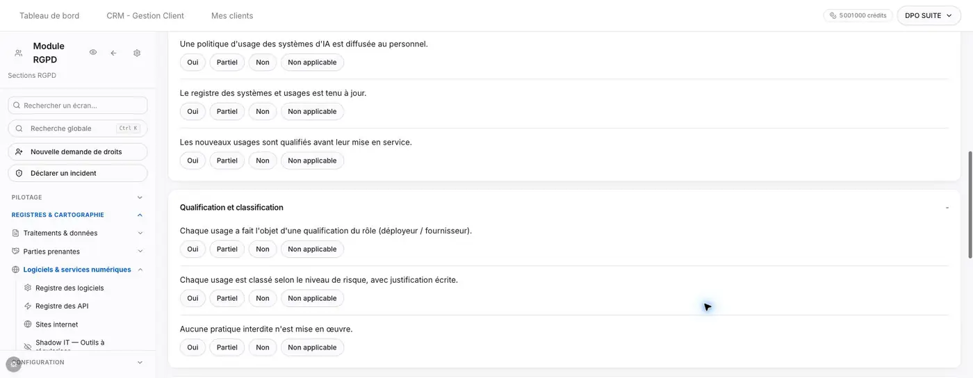 Exemple de question et des quatre réponses possibles : Oui, Partiel, Non, Non applicable.