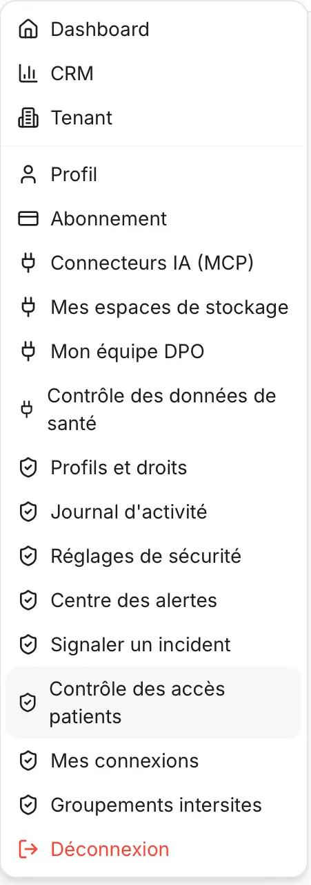 Menu supérieur droit ouvert dans DPO SUITE. Capture du 17 octobre 2026 fournie par l’utilisateur, cadrée sur les entrées du menu.