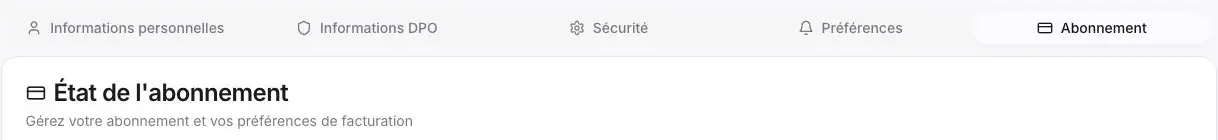 Rubrique Abonnement de Mon profil. Les informations propres au compte sont hors cadre.