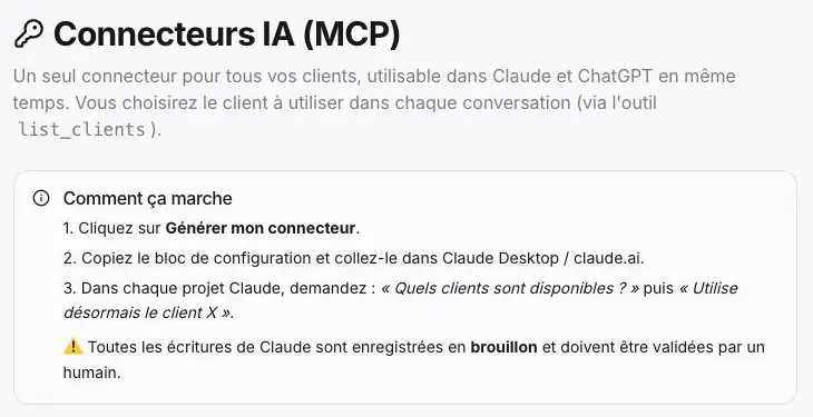 Présentation des connecteurs IA et aide affichée. Aucune clé ni configuration de connexion n’est reproduite.