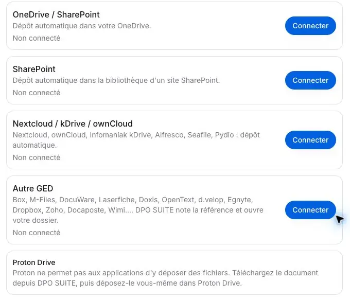 Extrait des services de stockage proposés et de l’indication relative à Proton Drive. Les services déjà connectés sont hors cadre.