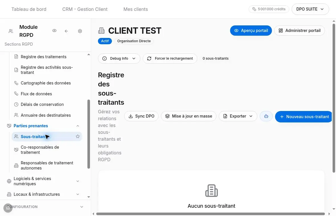Menu Parties prenantes et registre des sous-traitants dans CLIENT TEST.