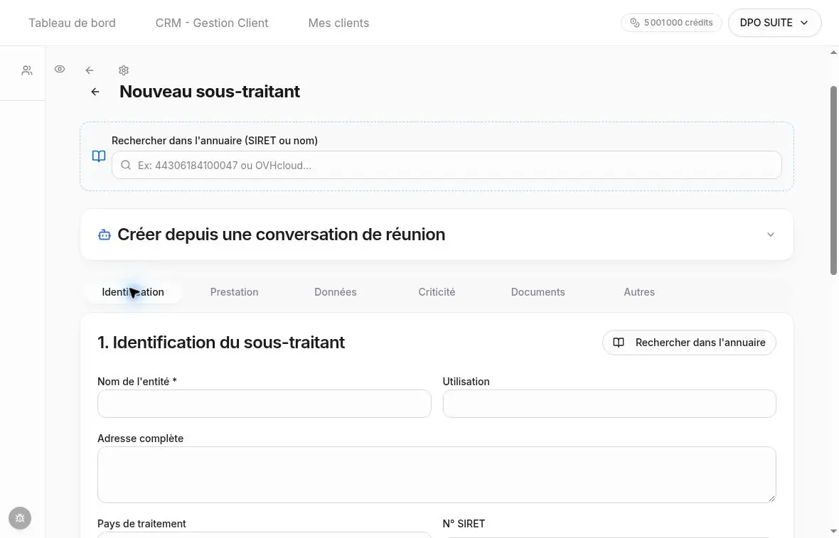Création d’un sous-traitant et accès aux six onglets.