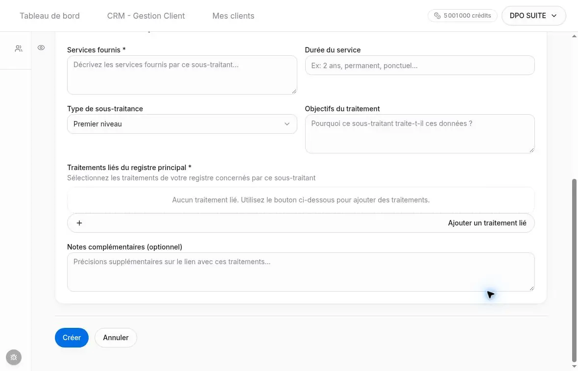 Prestation et traitements liés du registre principal.