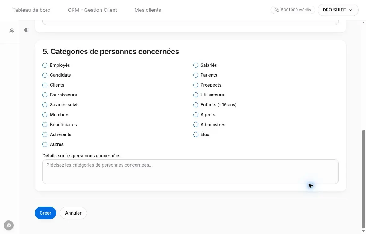 Catégories de personnes concernées et champ de précision.