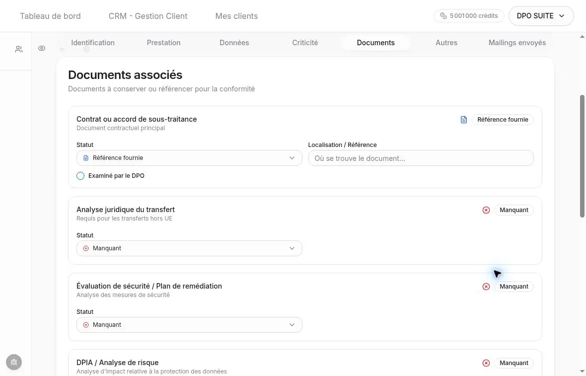 Référence fournie, Localisation / Référence et case Examiné par le DPO.