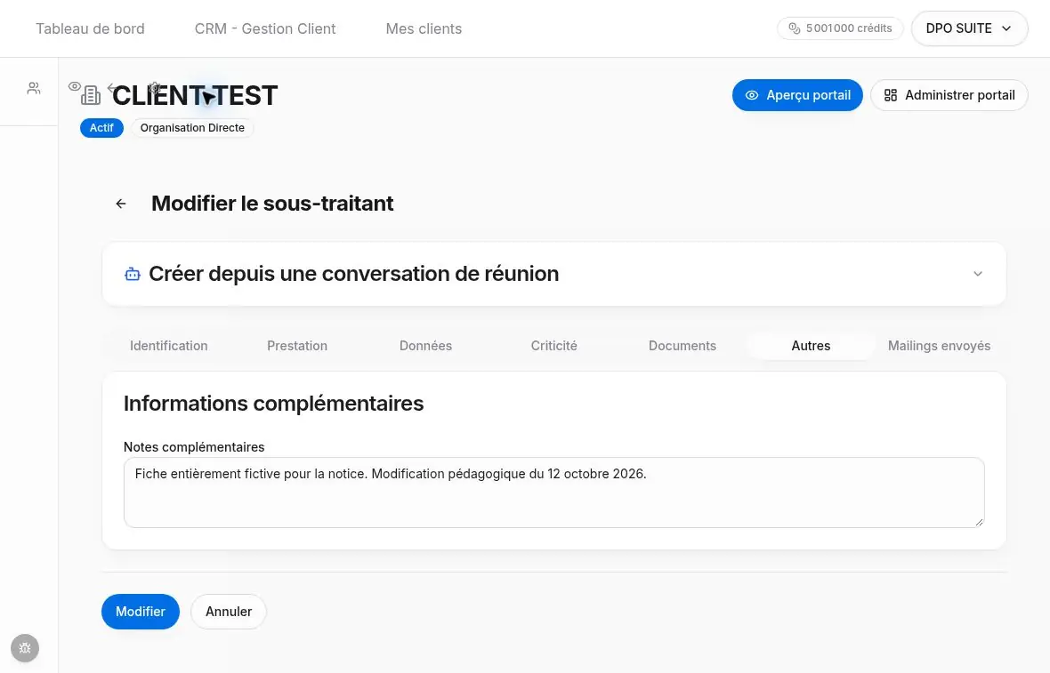 Notes complémentaires modifiées et retrouvées dans la fiche fictive.