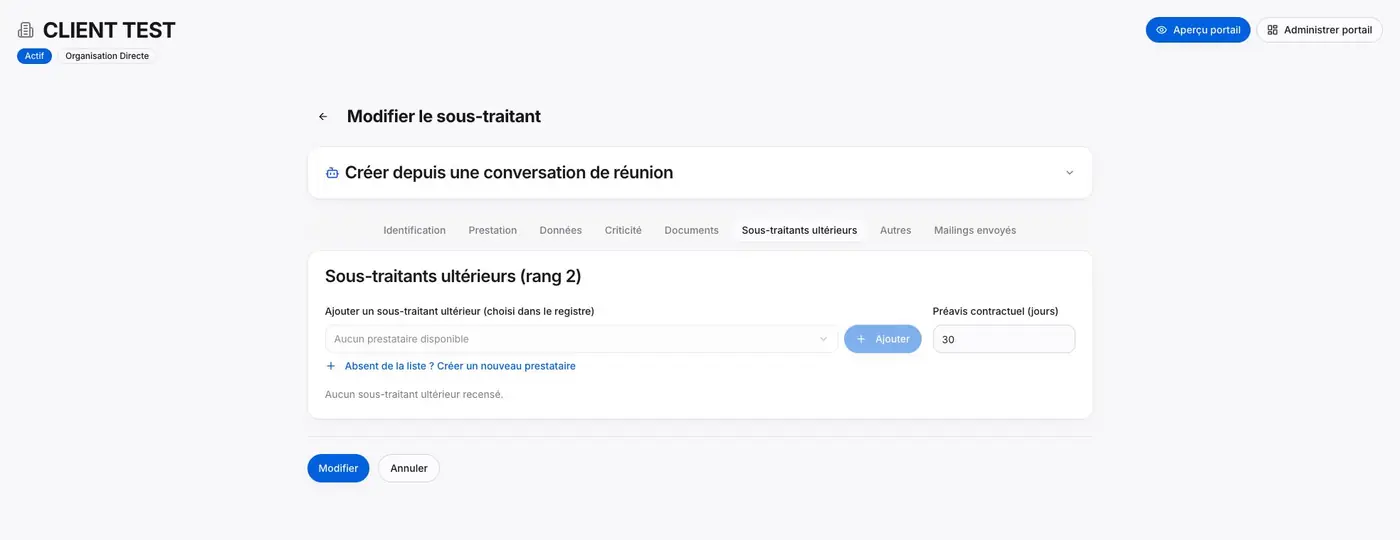 DPO SUITE, nouvel onglet Sous-traitants ultérieurs : aucun prestataire disponible, commande de création et préavis contractuel en jours.