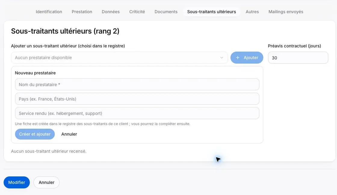 DPO SUITE, formulaire Nouveau prestataire : champs Nom du prestataire, Pays, Service rendu, boutons Créer et ajouter et Annuler.