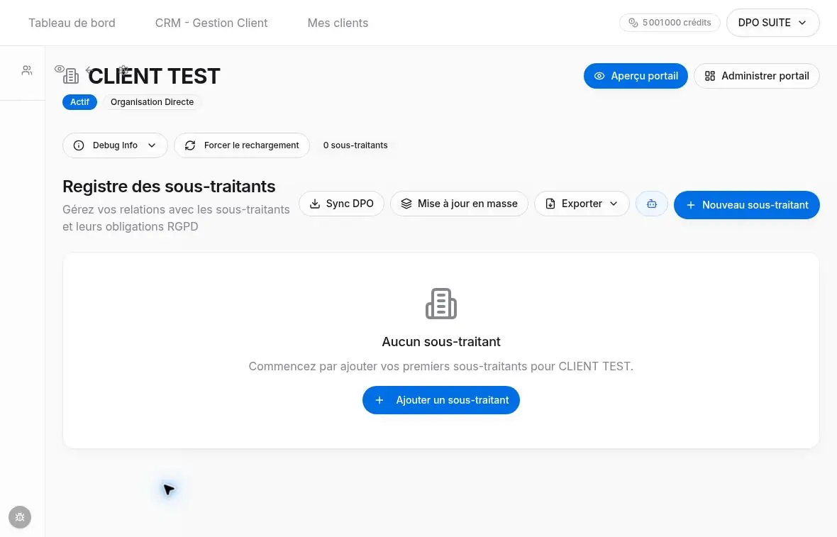 Commandes du registre des sous-traitants avec le menu latéral minimisé.