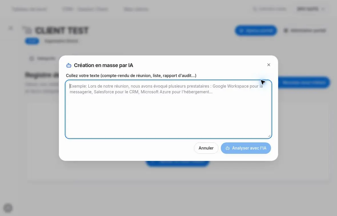 Fenêtre de création en masse par IA avant saisie du texte.