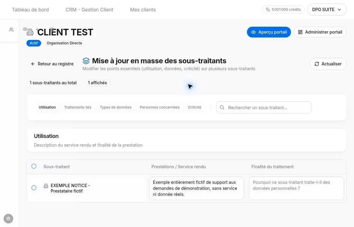 Mise à jour en masse avec une fiche fictive, les onglets et les champs éditables.