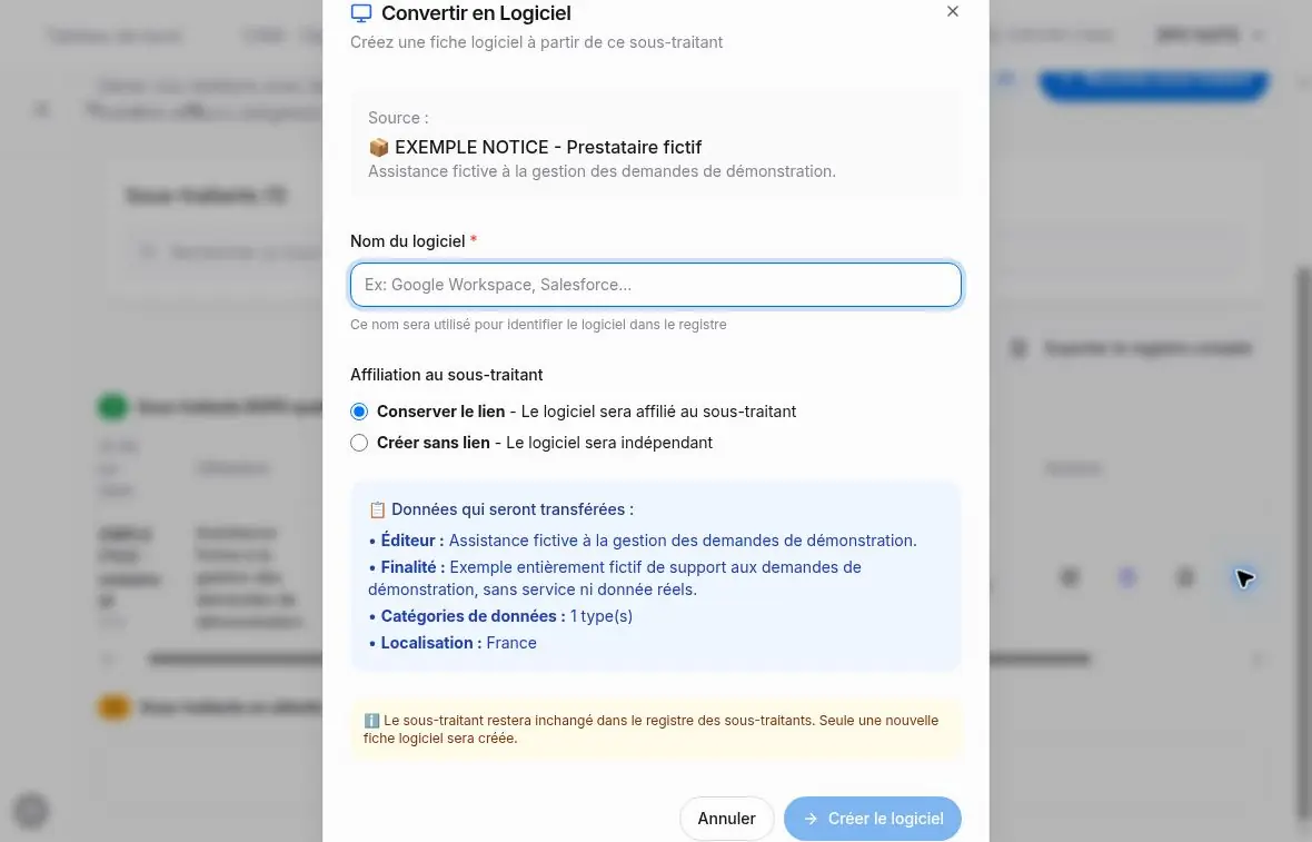 Préparation de la conversion avec choix de l’affiliation et données annoncées.