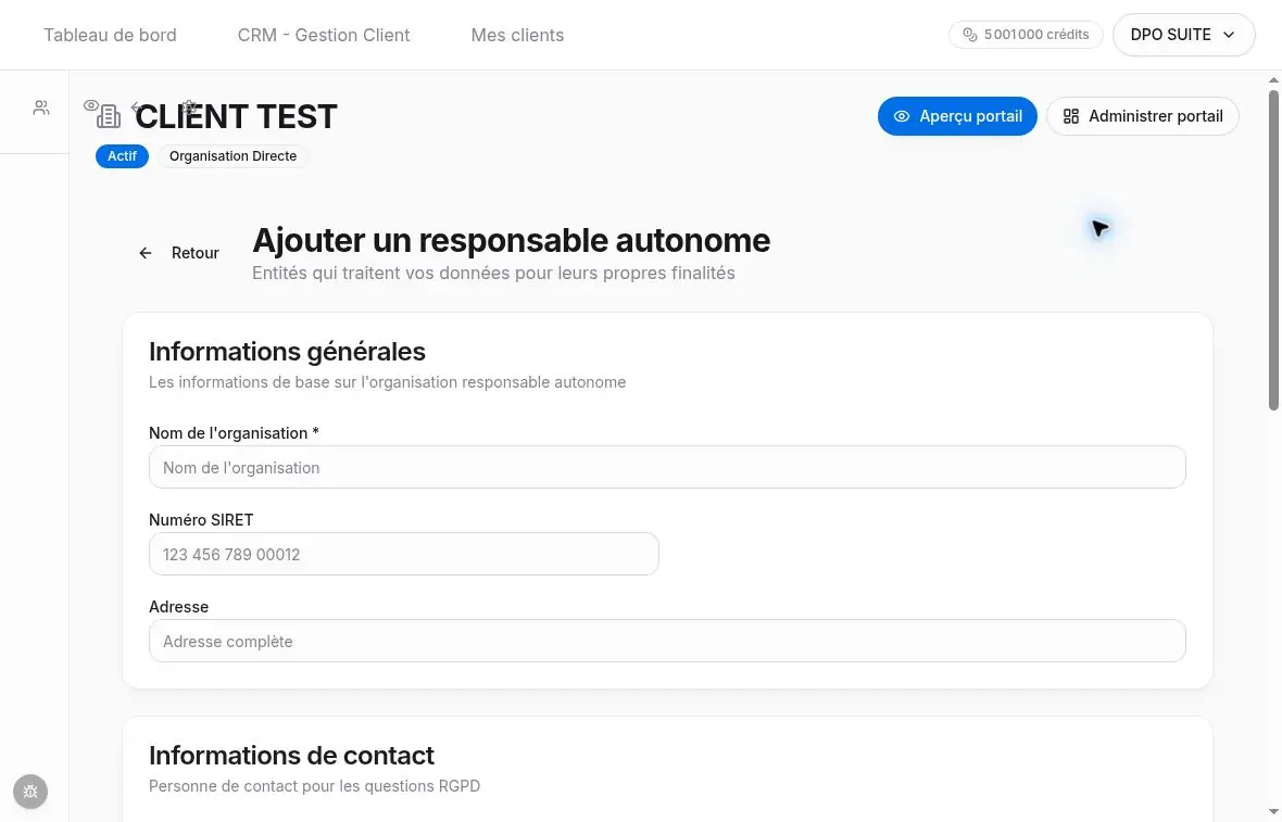Informations générales du formulaire Ajouter un responsable autonome.
